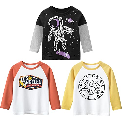 3er Pack Jungen Langarmshirt T Shirt Baby Kinder Jungen Rundhals Langarmshirt Baumwolle Shirt Dinosaurier Wagen Drucken T-Shirt Tops Kinder Shirt 1-7 Jahre Space 140 von TOKYMOON