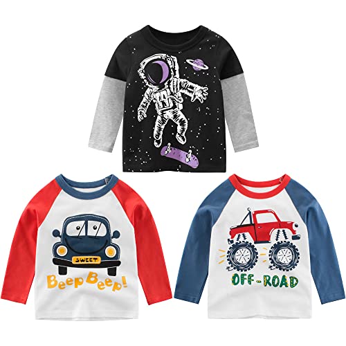 3er Pack Jungen Langarmshirt T Shirt Baby Kinder Jungen Rundhals Langarmshirt Baumwolle Shirt Dinosaurier Wagen Drucken T-Shirt Tops Kinder Shirt 1-7 Jahre Wagen 2 90 von TOKYMOON