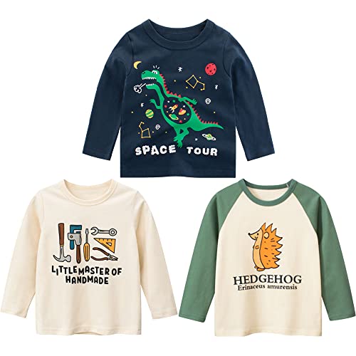 3er Pack Jungen Langarmshirt T Shirt Baby Kinder Jungen Rundhals Langarmshirt Baumwolle Shirt Dinosaurier Wagen Drucken T-Shirt Tops Kinder Shirt 1-7 Jahre Weiß + Beige 130 von TOKYMOON