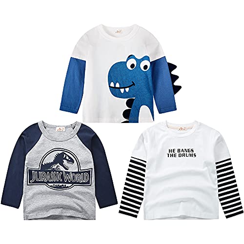 3er Pack Langarmshirt Jungen Baumwolle Langarm T-Shirt Kinder Shirt Sweatshirt Oberteil Dinosaurier Drucken Tops Kinder Jungen Rundhals T Shirt Blau 110 von TOKYMOON