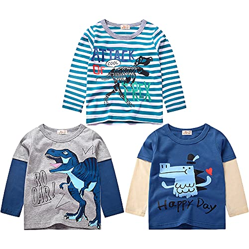 3er Pack Langarmshirt Jungen Baumwolle Langarm T-Shirt Kinder Shirt Sweatshirt Oberteil Dinosaurier Drucken Tops Kinder Jungen Rundhals T Shirt Blau Dinosaurier 130 von TOKYMOON