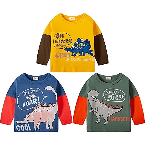 3er Pack Langarmshirt Jungen Baumwolle Langarm T-Shirt Kinder Shirt Sweatshirt Oberteil Dinosaurier Drucken Tops Kinder Jungen Rundhals T Shirt Gelb Dinosaurier 100 von TOKYMOON