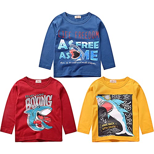 3er Pack Langarmshirt Jungen Baumwolle Langarm T-Shirt Kinder Shirt Sweatshirt Oberteil Dinosaurier Drucken Tops Kinder Jungen Rundhals T Shirt Hai 110 von TOKYMOON