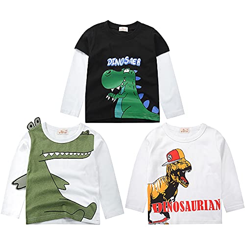 3er Pack Langarmshirt Jungen Baumwolle Langarm T-Shirt Kinder Shirt Sweatshirt Oberteil Dinosaurier Drucken Tops Kinder Jungen Rundhals T Shirt Schwarz+Weiß 140 von TOKYMOON