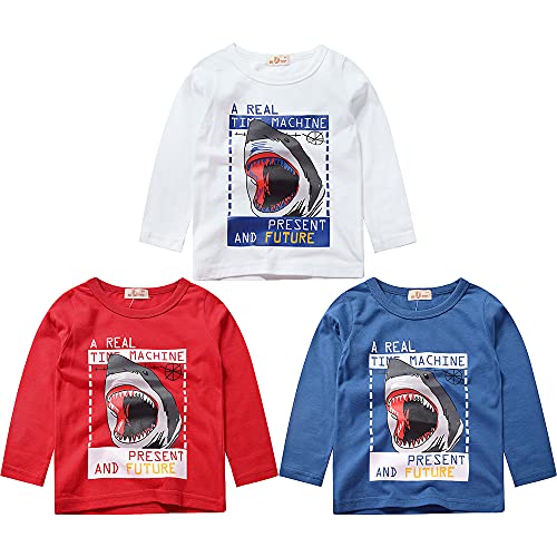 3er Pack Langarmshirt Jungen Baumwolle Langarm T-Shirt Kinder Shirt Sweatshirt Oberteil Dinosaurier Drucken Tops Kinder Jungen Rundhals T Shirt Weiß+Rot 130 von TOKYMOON