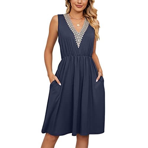 Damen Sommerkleid Ärmelloses V-Ausschnitt Midi Kleid mit Taschen Vintage Boho Kleider Sommer Damen elegant Strandkleid Lässig A-Linie Kleid Midikleid Marineblau XXL von TOKYMOON