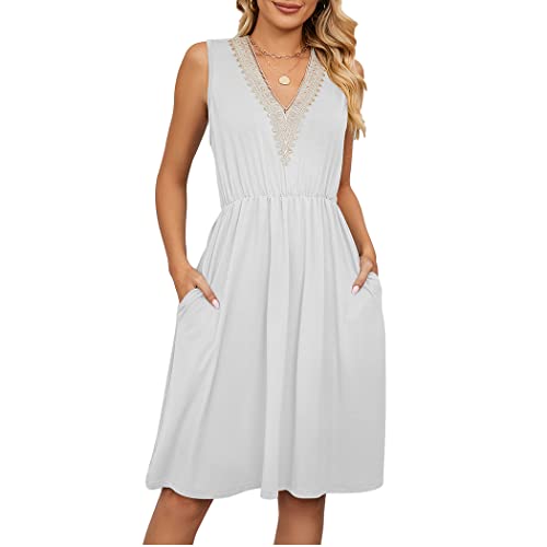 Damen Sommerkleid Ärmelloses V-Ausschnitt Midi Kleid mit Taschen Vintage Boho Kleider Sommer Damen elegant Strandkleid Lässig A-Linie Kleid Midikleid Weiß M von TOKYMOON