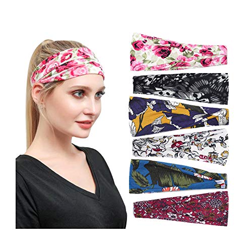 Headband Damen 6 Stück Stirnband Vintage Kopfband Haarband Turban Elastische Weiche Stirnband Damen Blume Muster bedruckt Baumwolle Yoga Schweißband Mehrfarbig Sport Fitness F von TOKYMOON