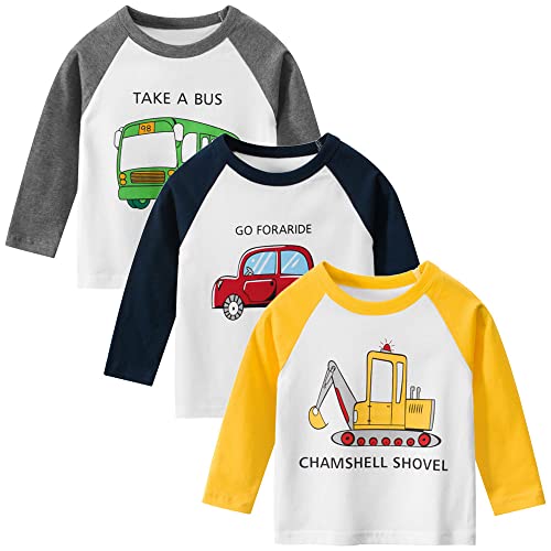 Jungen Langarmshirt T Shirt Sweatshirt Bedrucktes Baumwolle Oberteil Frühling Herbst 1-7 Jahre 3er Pack Langarm Tshirt Kinder Baumwoll Jungen Tshirt (Gelb+Rot, 110) von TOKYMOON