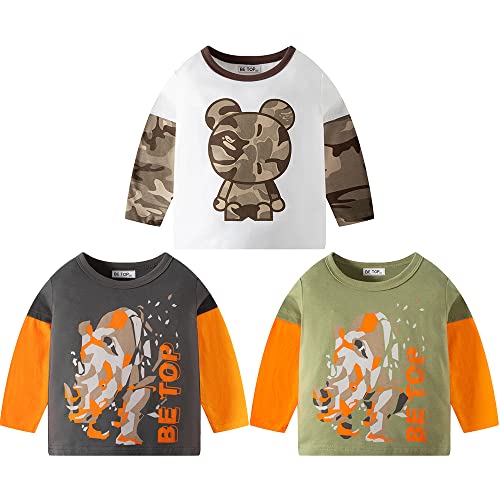 Jungen Langarmshirt T Shirt Sweatshirt Bedrucktes Baumwolle Oberteil Frühling Herbst 1-7 Jahre 3er Pack Langarm Tshirt Kinder Baumwoll Jungen Tshirt Braun 110 von TOKYMOON