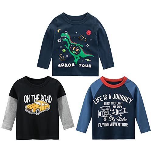 TOKYMOON Jungen Langarmshirt T Shirt Sweatshirt Bedrucktes Baumwolle Oberteil Frühling Herbst 1-7 Jahre 3er Pack Langarm Tshirt Kinder Baumwoll Jungen Tshirt Dinosaurier 1 98 von TOKYMOON