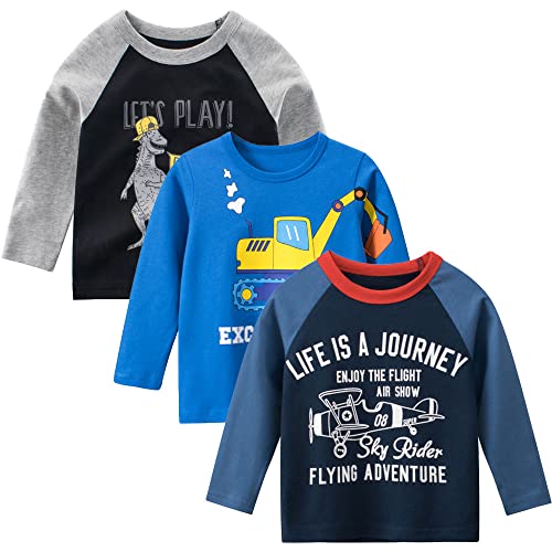 TOKYMOON Jungen Langarmshirt T Shirt Sweatshirt Bedrucktes Baumwolle Oberteil Frühling Herbst 1-7 Jahre 3er Pack Langarm Tshirt Kinder Baumwoll Jungen Tshirt Dinosaurier 2 110 von TOKYMOON