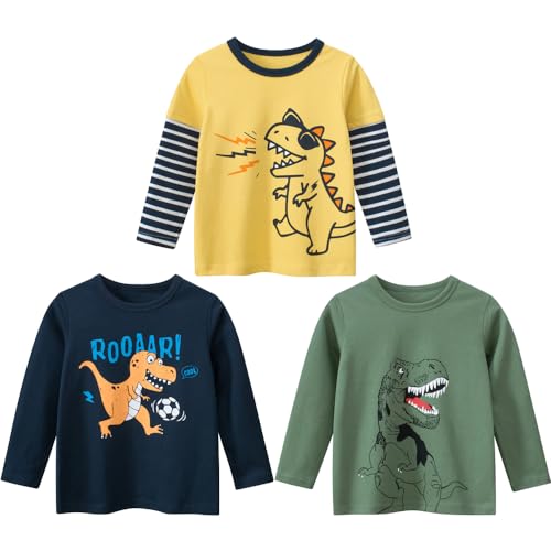 Jungen Langarmshirt T Shirt Sweatshirt Bedrucktes Baumwolle Oberteil Frühling Herbst 1-7 Jahre 3er Pack Langarm Tshirt Kinder Baumwoll Jungen Tshirt Gelb + Grün 120 von TOKYMOON