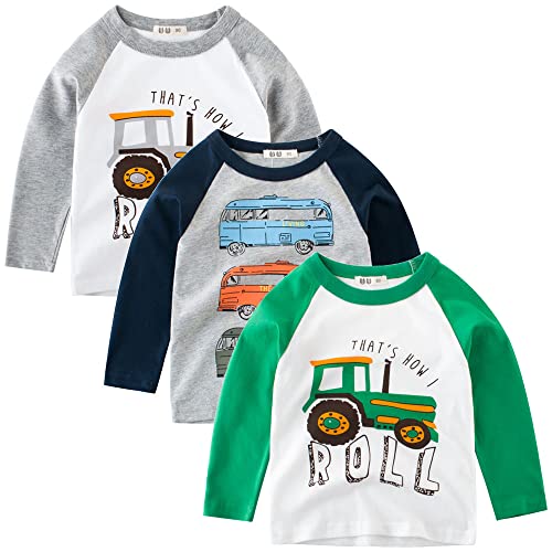 TOKYMOON Jungen Langarmshirt T Shirt Sweatshirt Bedrucktes Baumwolle Oberteil Frühling Herbst 1-7 Jahre 3er Pack Langarm Tshirt Kinder Baumwoll Jungen Tshirt Rot 104-110 von TOKYMOON