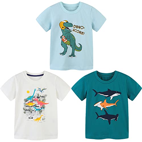 Kinder 3er-Pack Jungen T-Shirt Baumwolle Sommer Tops Rundhals T-Shirt Cartoon Kurzarm Kinder Shirt Oberteile Dinosaurier Kinder T-Shirt Set Jungen Sport Tshirt Dinosaurier 130 von TOKYMOON