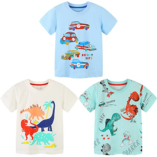 Kinder 3er-Pack Jungen T-Shirt Baumwolle Sommer Tops Rundhals T-Shirt Cartoon Kurzarm Kinder Shirt Oberteile Dinosaurier Kinder T-Shirt Set Jungen Sport Tshirt Hellblau 120 von TOKYMOON