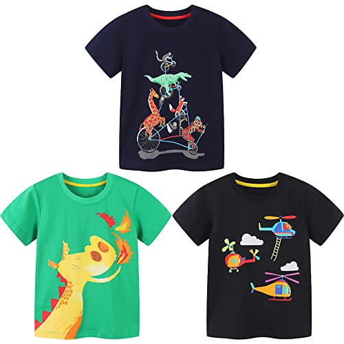 Kinder 3er-Pack Jungen T-Shirt Baumwolle Sommer Tops Rundhals T-Shirt Cartoon Kurzarm Kinder Shirt Oberteile Dinosaurier Kinder T-Shirt Set Jungen Sport Tshirt Schwarz 110 von TOKYMOON