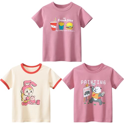 Kinder Mädchen T-Shirts Baumwolle Kurzarm Tops Summer T-Shirt Drucken Shirt Oberteile Kind T-Shirt Kurzarm Baby Mädchen Kleinkind T-Shirt Cartoon Top 3er Pack Dunkelrosa 140 von TOKYMOON