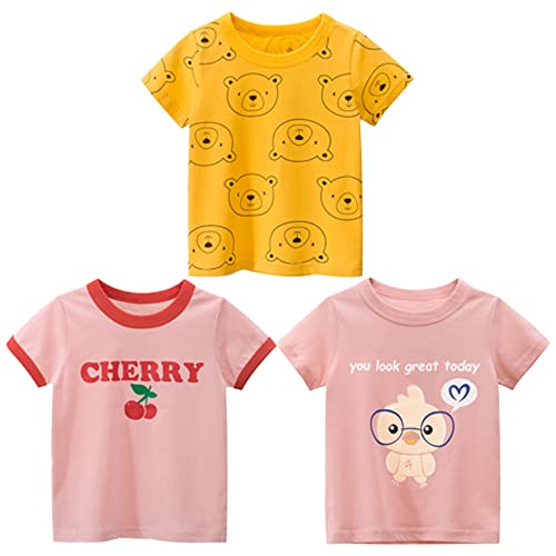 Kinder Mädchen T-Shirts Baumwolle Kurzarm Tops Summer T-Shirt Drucken Shirt Oberteile Kind T-Shirt Kurzarm Baby Mädchen Kleinkind T-Shirt Cartoon Top 3er Pack Gelb + Pulver 110 von TOKYMOON