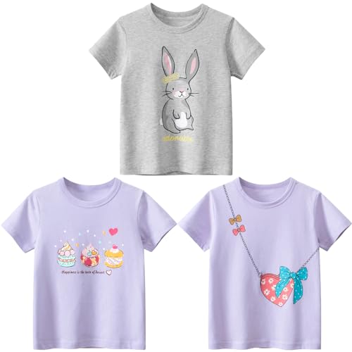 Kinder Mädchen T-Shirts Baumwolle Kurzarm Tops Summer T-Shirt Drucken Shirt Oberteile Kind T-Shirt Kurzarm Baby Mädchen Kleinkind T-Shirt Cartoon Top 3er Pack Grau+Lila 140 von TOKYMOON