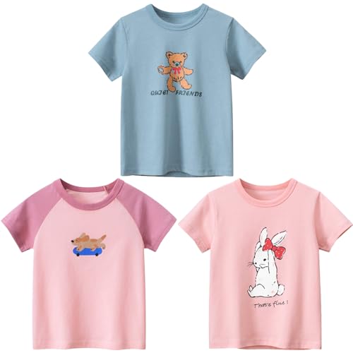 Kinder Mädchen T-Shirts Baumwolle Kurzarm Tops Summer T-Shirt Drucken Shirt Oberteile Kind T-Shirt Kurzarm Baby Mädchen Kleinkind T-Shirt Cartoon Top 3er Pack Rosa+Blau 100 von TOKYMOON