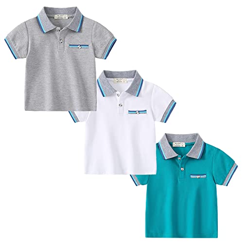 Kinder Poloshirt Baumwolle für Mädchen und Jungen Kurzarm Gestreiftes Poloshirt Kinder T-Shirt Poloshirt Kinder blau Polo Jungen Polo Shirt Kinder Jungs Jungen Polo Hemd Grau + weiß 110 von TOKYMOON