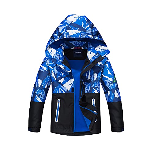 Kinder Regenjacke Jungen Übergangsjacke Dinosauriern Wasserdicht Outdoorjacke Winddicht mit Kapuzen Jacke Jungen Gefütterte Regenjacke Softshelljacken Blau 140 von TOKYMOON