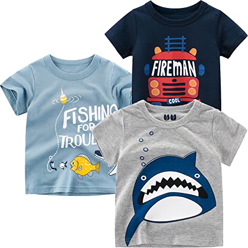 Kinder Shirt Jungen T-Shirts 3er Pack Dinosaurier Kinder T-Shirt Set für Kinder Baumwolle Kurzarm Tops Summer Jungen Kinder T-Shirt Cartoon Kurzarm Shirt Oberteile Fisch 120 von TOKYMOON