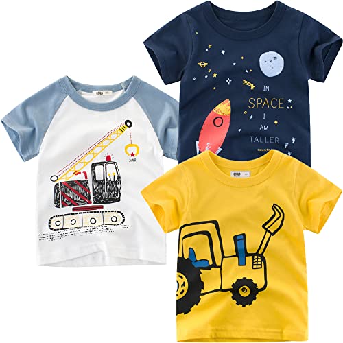 Kinder Shirt Jungen T-Shirts 3er Pack Dinosaurier Kinder T-Shirt Set für Kinder Baumwolle Kurzarm Tops Summer Jungen Kinder T-Shirt Cartoon Kurzarm Shirt Oberteile Rakete 100 von TOKYMOON