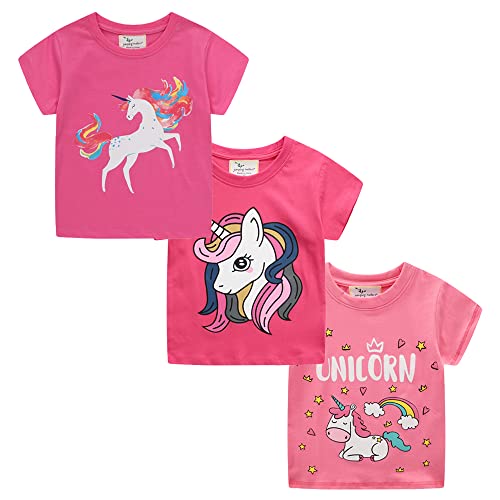 Kinder T Shirt Mädchen Kurzarm T-Shirt Sommer Einhorn T Shirt mädchen Freizeit Coole Tshirt Bluse Oberteil Shirt Baumwoll Kinder Shirt Rundhals Top 3-Pack Einhorn 6T von TOKYMOON