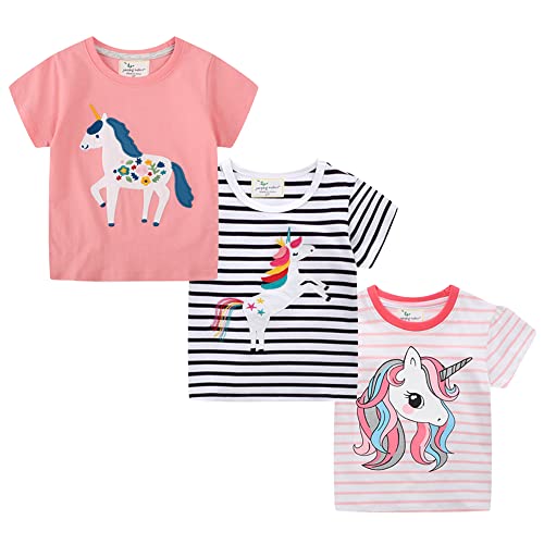 Kinder T Shirt Mädchen Kurzarm T-Shirt Sommer Einhorn T Shirt mädchen Freizeit Coole Tshirt Bluse Oberteil Shirt Baumwoll Kinder Shirt Rundhals Top 3-Pack Gestreiftes Einhorn 5T von TOKYMOON