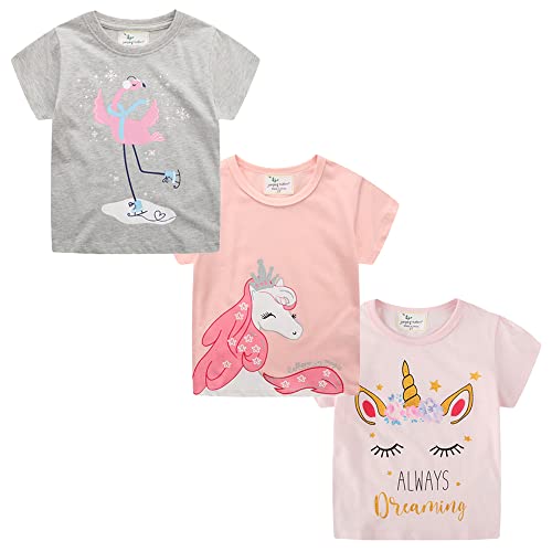 Kinder T Shirt Mädchen Kurzarm T-Shirt Sommer Einhorn T Shirt mädchen Freizeit Coole Tshirt Bluse Oberteil Shirt Baumwoll Kinder Shirt Rundhals Top 3-Pack Grau+rosa 3T von TOKYMOON