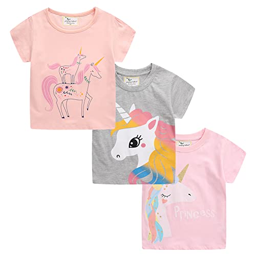 Kinder T Shirt Mädchen Kurzarm T-Shirt Sommer Einhorn T Shirt mädchen Freizeit Coole Tshirt Bluse Oberteil Shirt Baumwoll Kinder Shirt Rundhals Top 3-Pack Rosa + grau 6T von TOKYMOON