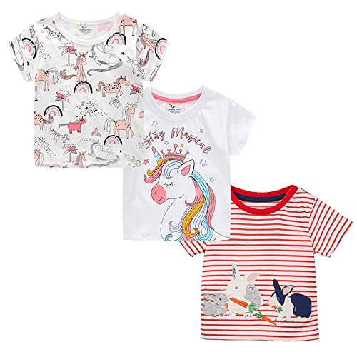 Kinder T Shirt Mädchen Kurzarm T-Shirt Sommer Einhorn T Shirt mädchen Freizeit Coole Tshirt Bluse Oberteil Shirt Baumwoll Kinder Shirt Rundhals Top 3-Pack Tier 4T von TOKYMOON