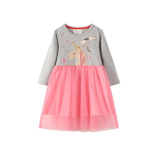 Mädchen Kleid Einhorn Gedruckt Herbst Winter Prinzessin Freizeit Knielang Langarm Kleid Mädchen Kleider Langarmshirt mädchen Casual Baumwolle Pullover T Shirt Kleid Grau+Rosa 5T von TOKYMOON