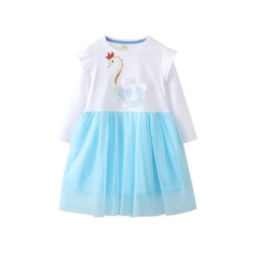 Mädchen Kleid Einhorn Gedruckt Herbst Winter Prinzessin Freizeit Knielang Langarm Kleid Mädchen Kleider Langarmshirt mädchen Casual Baumwolle Pullover T Shirt Kleid Weiß+Blau 3T von TOKYMOON