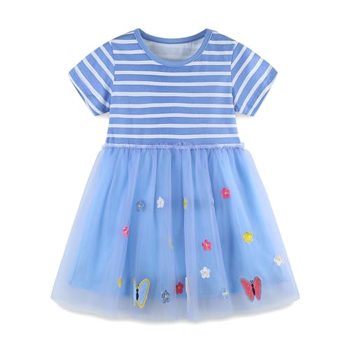 Mädchen Kleid Einhorn Gedruckt T-Shirt Kleider für Mädchen Freizeit Knielang Kurzarm Kleid Prinzessin Kleider Baumwolle Tüll Rock Kleid Blume Sommerkleid Casual Kleid Blau 4 Jahre von TOKYMOON