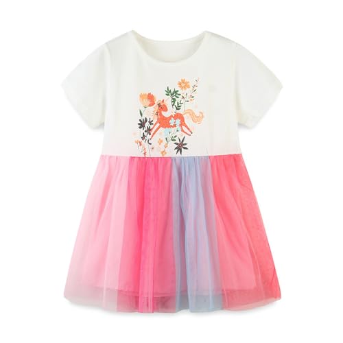 Mädchen Kleid Einhorn Gedruckt T-Shirt Kleider für Mädchen Freizeit Knielang Kurzarm Kleid Prinzessin Kleider Baumwolle Tüll Rock Kleid Blume Sommerkleid Casual Kleid Blume 7 Jahre von TOKYMOON