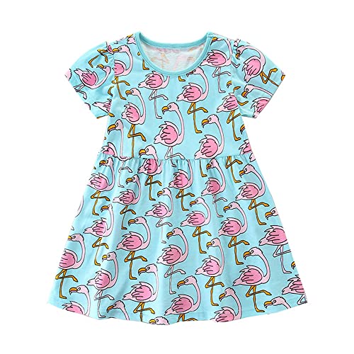 Mädchen Kleid Sommer Kleid T-Shirt Kleid Baumwollkleid Cartoon Druck Blumenmuster Prinzessin Kleid Rundhals Pullover Kurzarm Kinder Kleider Freizeit Mädchen Kleid Flamingo 100 von TOKYMOON