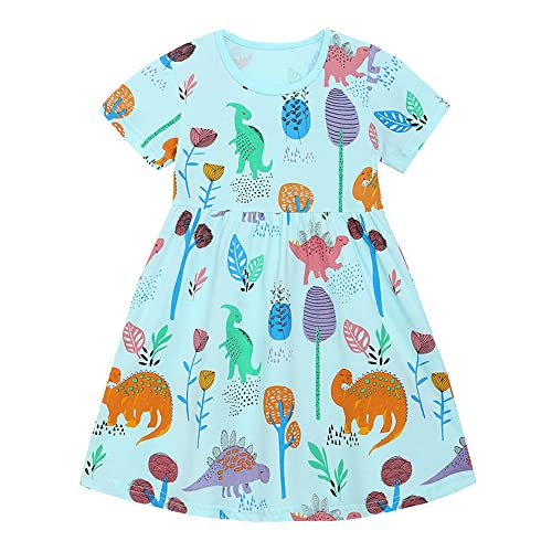 Mädchen Kleid Sommer Kleid T-Shirt Kleid Baumwollkleid Cartoon Druck Blumenmuster Prinzessin Kleid Rundhals Pullover Kurzarm Kinder Kleider Freizeit Mädchen Kleid Hellblau 140 von TOKYMOON