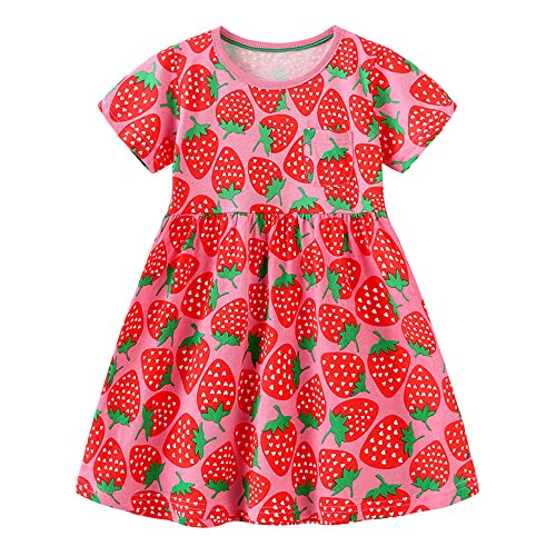 Mädchen Kleid Sommer Kleid T-Shirt Kleid Baumwollkleid Cartoon Druck Blumenmuster Prinzessin Kleid Rundhals Pullover Kurzarm Kinder Kleider Freizeit Mädchen Kleid Rot 140 von TOKYMOON