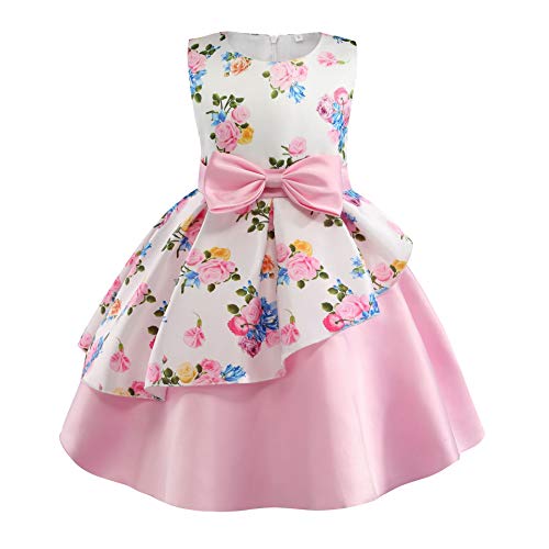 Mädchen Kleider A-Linie Ärmelloses Sommerkleid Buntes Kleid Blumen Bowknot Prinzessin Kleid Festliche Vintage Rockabilly Kleid Retro Cocktailkleid Kleid Rosa 110 von TOKYMOON
