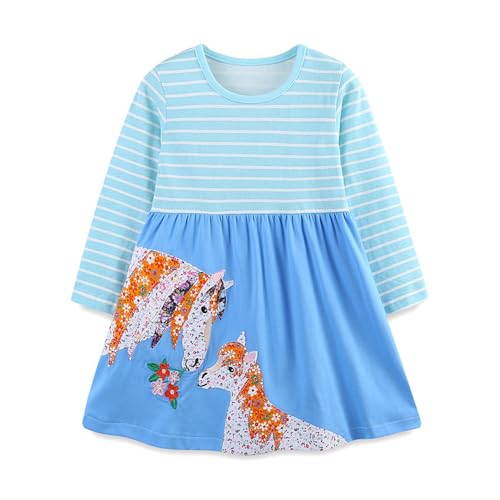 Mädchen Kleider Langarm T-Shirt Kleid Baumwolle Kinder A-Linie T-Shirt Rundhals Festliche Casual Elegant Freizeitkleid Party Prinzessin Kleid Herbst Winter Kleider Hellblau 5Y von TOKYMOON