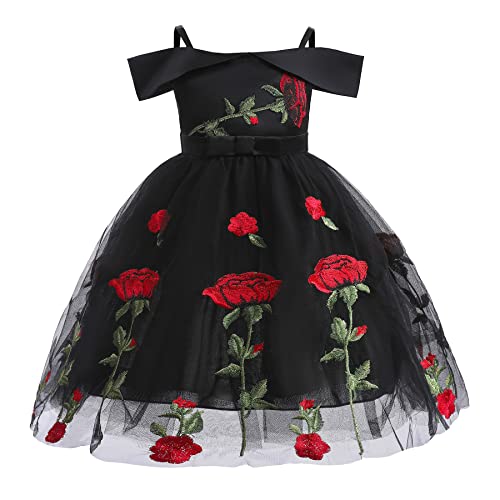 Mädchen Sommer Kleid Schulterfrei Kinderkleid Ärmel Elegante Eckiger Ausschnitt Kinder Blumen A Line Prinzessin Tüllkleid Party Kleid Lässig Kleider Sommerkleid Schwarz 110 von TOKYMOON