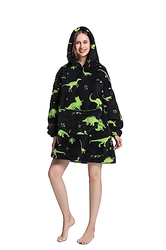 Oversize Pullover Damen Übergroße Hoodie Sweatshirt Decken Hoodie Damen Kuschelpullover weiche gemütliche warme komfortable Riesen-Hoodie Flanell Kapuzenpullover Für Erwachsene Grüner Dinosaurier von TOKYMOON