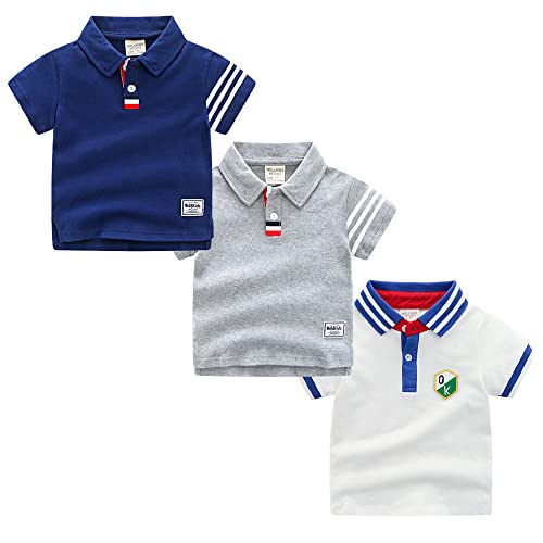 Poloshirt Jungen Baumwolle Poloshirt Kurzarm Gestreiftes Poloshirt Kinder T-Shirt Jungen Kinder Basic Poloshirt Kinder mädchen Casual Polo Kurzarm für Baby Polohemd Weiß+blau 130 von TOKYMOON