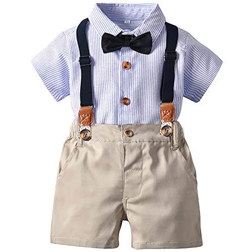 TOKYMOON 2 Teilig Baby kleinkind Jungen Baby Anzug Sommer Kurzarm-T-Shirt mit Krawatte + Kurze Hose mit Träger Gentleman kinderanzug für Festliche Hochzeit Party Hellblau 122-128 von TOKYMOON