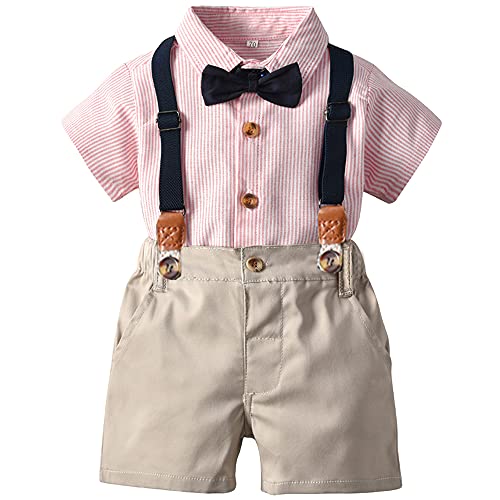 TOKYMOON 2 Teilig Baby kleinkind Jungen Baby Anzug Sommer Kurzarm-T-Shirt mit Krawatte + Kurze Hose mit Träger Gentleman kinderanzug für Festliche Hochzeit Party Rosa 74-80 von TOKYMOON