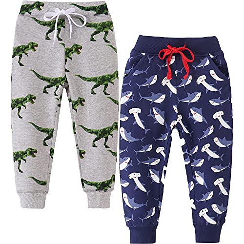 TOKYMOON 2er Pack Kinder Jogginghose Jungen Baumwolle Sweathose Dinosaurier Karikatur Gedruckt Babyhose Hosen Sporthose Jogger Hose Pants 1-7 Jahre Blau+Grau 116-122 von TOKYMOON