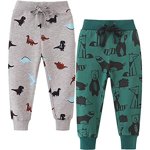 TOKYMOON 2er Pack Kinder Jogginghose Jungen Baumwolle Sweathose Dinosaurier Karikatur Gedruckt Babyhose Hosen Sporthose Jogger Hose Pants 1-7 Jahre Grau+Grün 98-104 von TOKYMOON